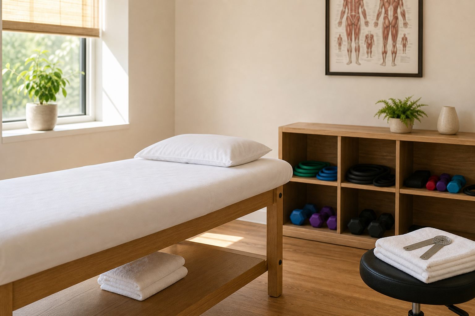 Treatment room at Core Physical Therapy with a plinth, resistance bands and free weights