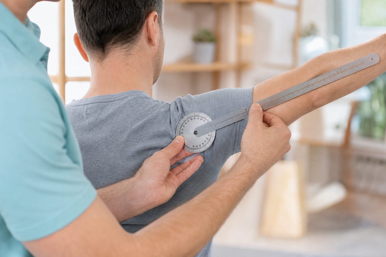 Therapist measuring a patient's shoulder range of motion with a goniometer